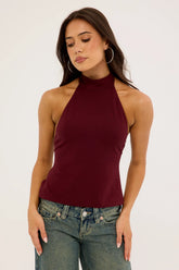 Luck & Trouble Rylan High Neck Jersey Top Burgundy