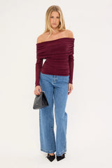 Luck & Trouble Bella Off Shoulder Long Sleeve Top Burgundy