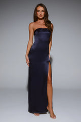 Sleek Aura Strapless Satin Maxi Dress Navy
