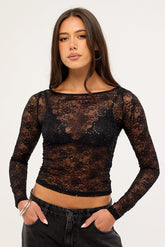 Luck & Trouble Mia Sequin Lace Long Sleeve Top Black
