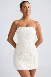 Floral-AppliquΓ© Bandeau A-Line Mini Dress in White