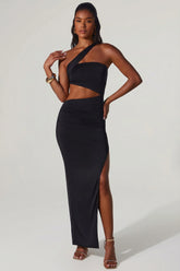 Asymmetric Neckline Ruched Cut Out Maxi Dress in Black