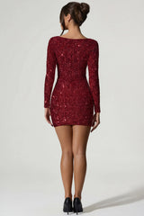 Embellished Sweetheart-Neck Mini Dress in Red