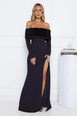 Glow In The Snow Faux Fur Off Shoulder Maxi Dress Navy