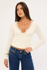 Luck & Trouble Matilde Lace Long Sleeve Top Cream