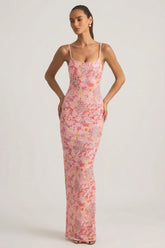 Embellished Scoop-Neck Backless Maxi Dress in Pink