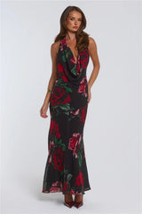 Rosy Perfume Halter Maxi Dress Black