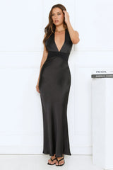 Spiced Sunset Satin Halter Maxi Dress Black
