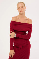 Perfect Stranger Rosetta Off shoulder Long Sleeve Maxi Dress Burgundy