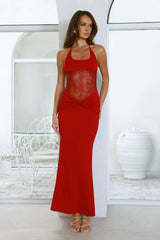 Feel Indulgent Lace Halter Maxi Dress Red