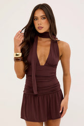 Thrills Tommie Halter Mini Dress Bitter Chocolate