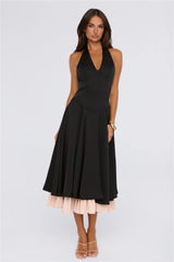 Elegant Energy Satin Halter Midi Dress Black