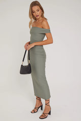 Luck & Trouble Off Shoulder Maxi Dress Khaki Green