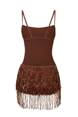 Fringed Backless Mini Dress in Brown Ombre