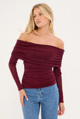 Luck & Trouble Bella Off Shoulder Long Sleeve Top Burgundy