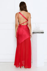 Rosé Nights One Shoulder Satin Maxi Dress Red