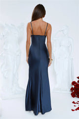 Silver Moonlight Satin Maxi Dress Navy
