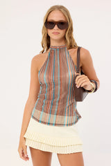 Motel Brienne Top Blue and Brown Shimmer Sheer Plisse