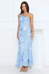 Glossy Girl One Shoulder Mesh Maxi Dress Blue