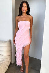 Jadore Strapless Ruffle Midi Dress - Pink