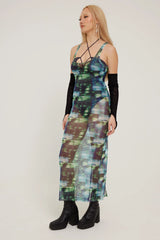 Neovision Distorted Dimension Mesh Maxi Dress Green Print
