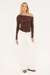 Luck & Trouble Solace Off Shoulder Long Sleeve Lace Top Brown