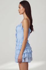 Ruffled Lace-Up A-Line Mini Dress in Powder Blue
