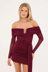Luck & Trouble Bella Off Shoulder Long Sleeve Mini Dress Burgundy
