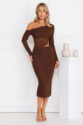 More To Want Long Sleeve Mesh Midi Dress Brown