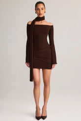 Knit Scarf-Detail Off-Shoulder Mini Dress in Chocolate Brown