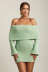 Bouclé Off-Shoulder Mini Dress in Mint