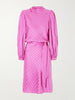 Logo-printed belted striped silk satin-jacquard midi dress