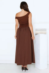Camellia Charm Off Shoulder Maxi Dress Brown