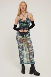 Neovision Distorted Dimension Mesh Maxi Dress Green Print