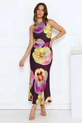 Sunflower Soirée Satin Maxi Dress Purple