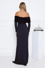 Glow In The Snow Faux Fur Off Shoulder Maxi Dress Navy