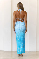 Style Iconic Mesh Embellished Halter Maxi Dress Blue