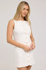 Perfect Stranger High Neck Button Up Linen Mini Dress White