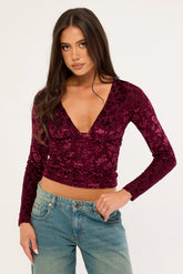 Luck & Trouble Bridie Flocked Long Sleeve Top Burgundy