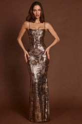 Embellished Straight-Neck Maxi Dress in Black Gold Foil