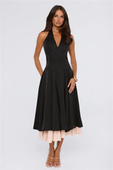 Elegant Energy Satin Halter Midi Dress Black