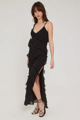Perfect Stranger Chiffon Ruffle Maxi Dress Black