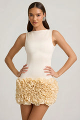 Satin Floral Appliqué Open-Back Mini Dress in Ivory