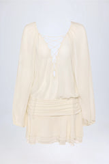 Lace-Up Balloon-Sleeve Mini Dress in Ivory