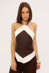 Luck & Trouble Rosa Satin Halter Tie Top Brown