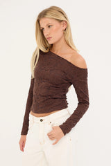 Luck & Trouble Solace Off Shoulder Long Sleeve Lace Top Brown
