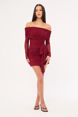 Luck & Trouble Elyse Off Shoulder Long Sleeve Mini Dress Burgundy