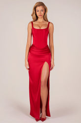 Corseted Thigh-High Split Maxi Dress in Rose Red