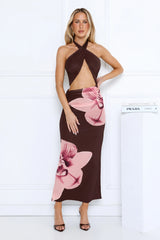 Blooming Belle Halter Maxi Dress Brown