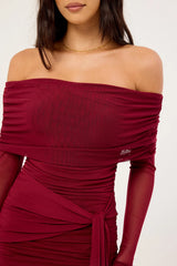 Luck & Trouble Elyse Off Shoulder Recycle Long Sleeve Mini Dress Burgundy